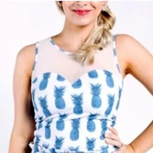Kortni Jeane Tankini Pineapple Blue/White Mesh Sweetheart Swim Top Women Sz Med